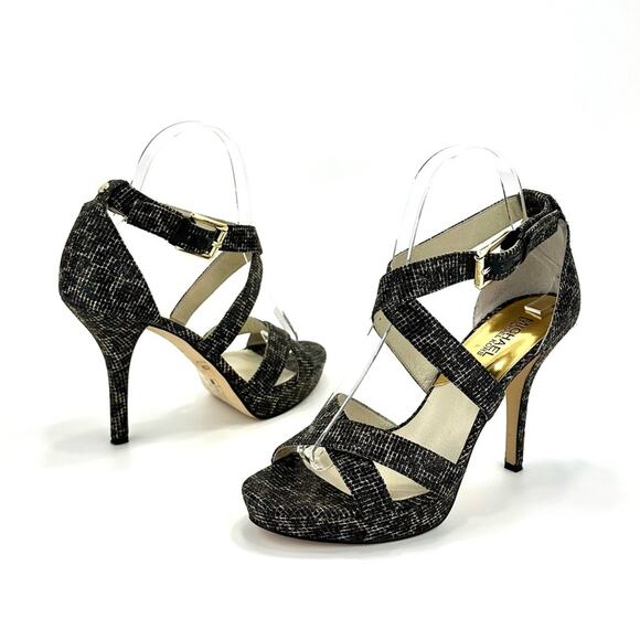 Michael Kors Evie Stiletto Heel Sandal Sz 8.5 Black/Gold Platform Spark Glitter - Picture 2 of 16